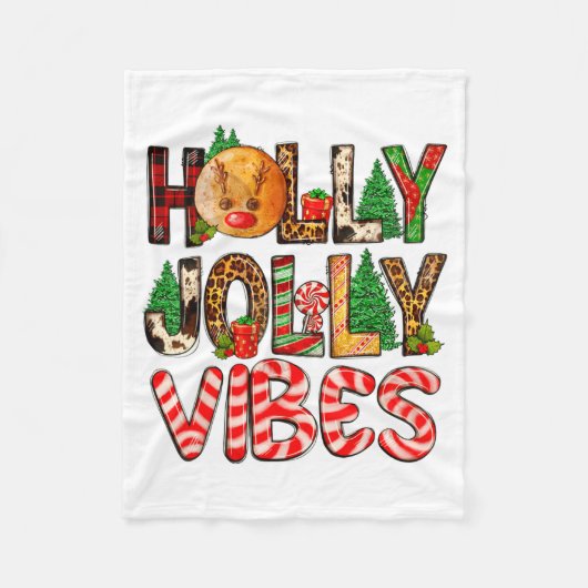 Holly A Jolly Vibes Reindeer Christmas Trees Light Fleece Deken (Voorkant)