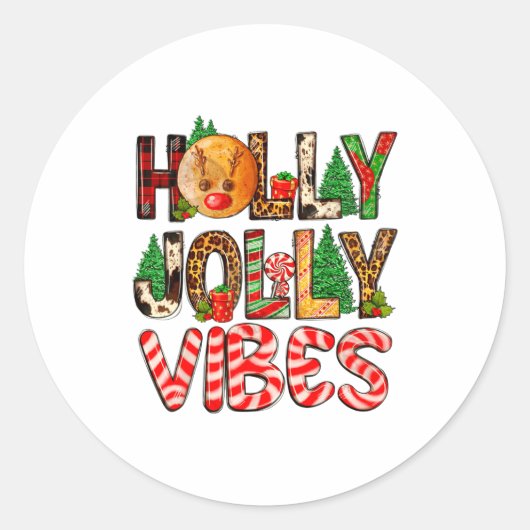 Holly A Jolly Vibes Reindeer Christmas Trees Light Ronde Sticker (Voorkant)