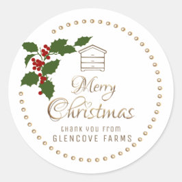 Holly and Berries Merry KerstGold Hive Apiary Ronde Sticker
