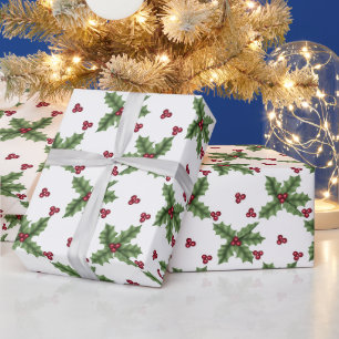 Holly and Berries On White Cadeaupapier