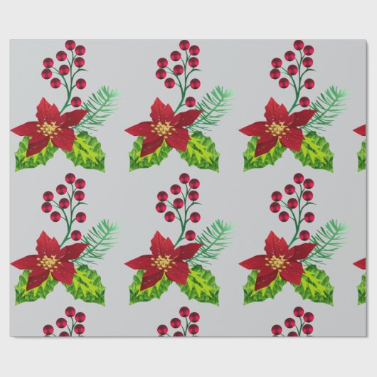 Holly and Pointsettia pattern Cadeaupapier (Vlak)