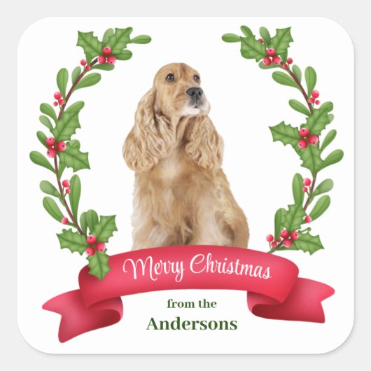 Holly Banner Cocker Spaniel Kerstmis Vierkante Sticker (Voorkant)
