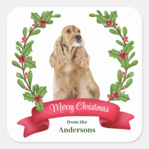 Holly Banner Cocker Spaniel Kerstmis Vierkante Sticker