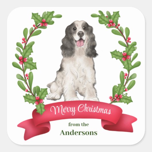 Holly Banner Parti Colour Cocker Spaniel Kerstmis Vierkante Sticker (Voorkant)