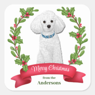 Holly Banner White Poodle Kerstmis Vierkante Sticker