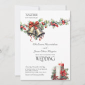 Holly Bells Red Berries Winter Wedding Invitation Kaart (Voorkant)