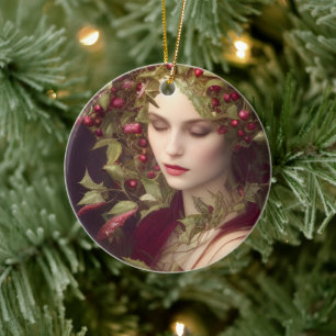 Holly Berries Beauful Woman Kerstmis Keramisch Ornament