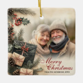  Holly Berries Beige Foto Kerst Keramisch Ornament (Voorkant)