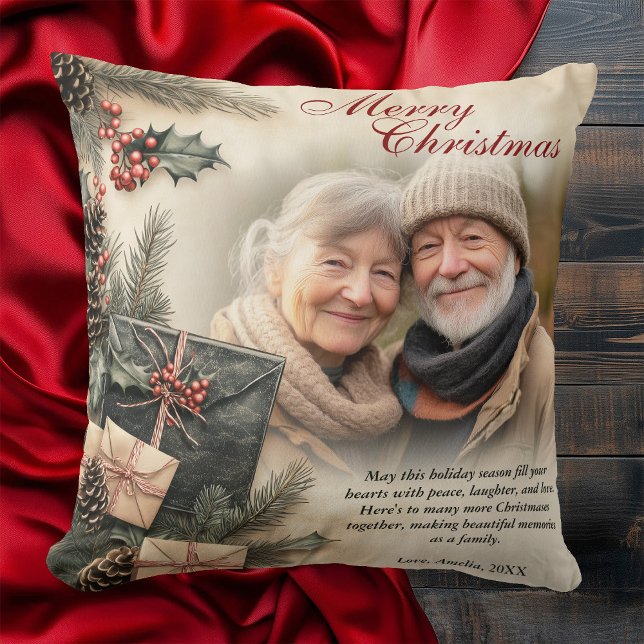  Holly Berries Beige Foto Kerst Kussen (Vintage Holly Berries Beige Photo Christmas Throw Pillow)