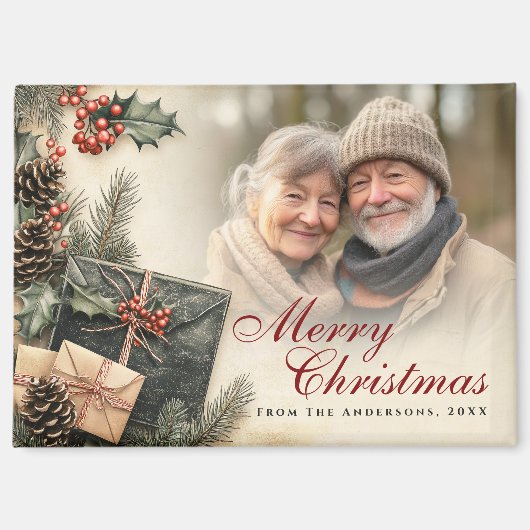  Holly Berries Beige Foto Kerst Magneet (Voorkant)