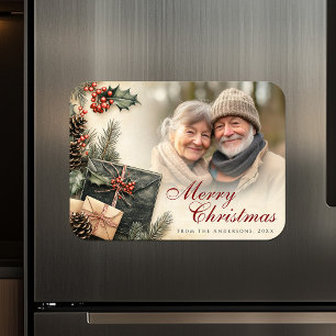 Holly Berries Beige Foto Kerst Magneet