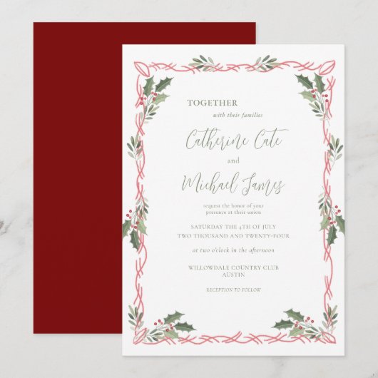 Holly Berries Christmas Theme Wedding Kaart (Voorkant / Achterkant)