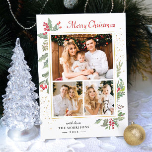 Holly Berries Elegant Chic Merry 3 Foto Feestdagenkaart