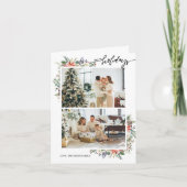 Holly Berries & Floral Season's Greetings 3 Foto Feestdagen Kaart (Voorkant)