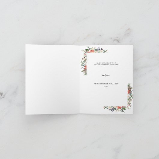 Holly Berries & Floral Season's Greetings 3 Foto Feestdagen Kaart (Binnen)