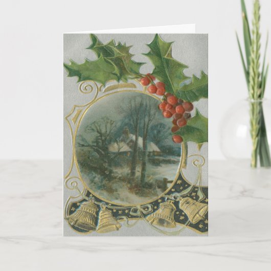 Holly Berries Golden Bells kerstscène Feestdagen Kaart (Voorkant)