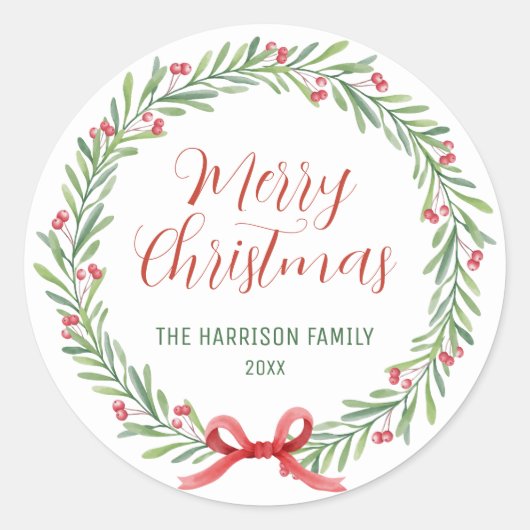 Holly Berries Krans Greenery Kerstmis Ronde Sticker (Voorkant)