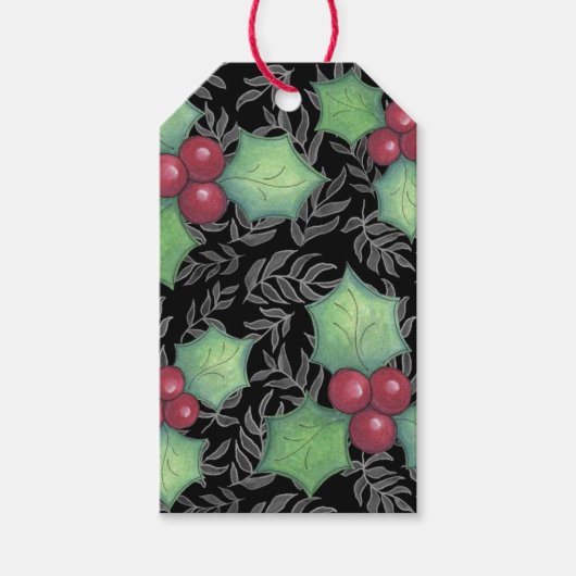 Holly Berries & Leaves op Black Print Background Cadeaulabel (Voorkant)
