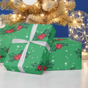 Holly Berries met sneeuw en sterren op Zee Green Cadeaupapier