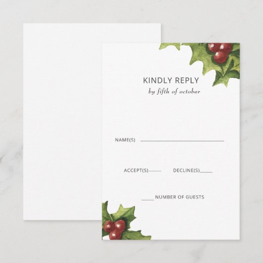 Holly Berries Monogram Winter Wedding RSVP Kaartje (Voorkant / Achterkant)