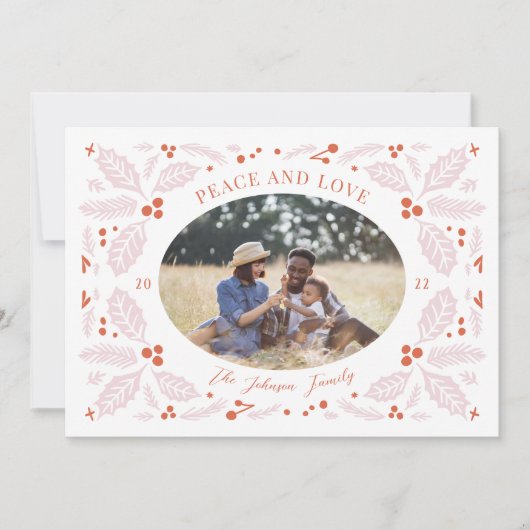 Holly Berries Oval Foto | Helder rood roze Feestdagenkaart (Voorkant)