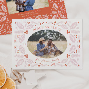 Holly Berries Oval Foto Helder rood roze Feestdagenkaart