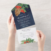 Holly Berries Pine Cone Navy kerstbruiloft All In One Uitnodiging (Afscheurbaar)