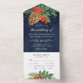 Holly Berries Pine Cone Navy kerstbruiloft All In One Uitnodiging (Binnen)