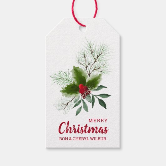 Holly Berries Pine Merry Kerstmis Cadeaulabel (Voorkant)