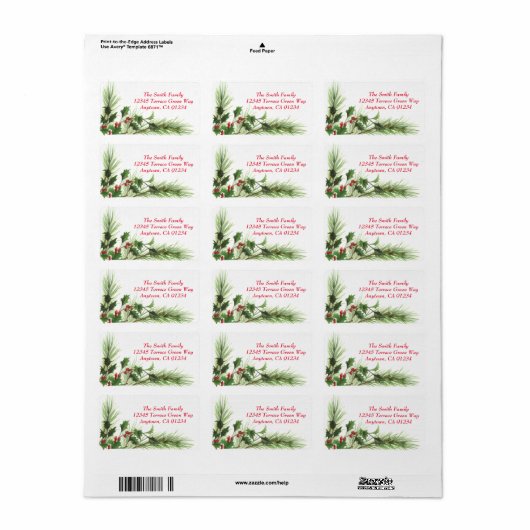 Holly Berries & Pine Winter Holiday Address Labels (Full Sheet)