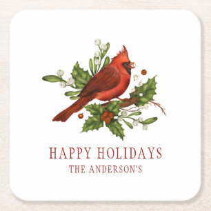 Holly Berry Cardinaal Holiday Monogram Mistletoe Vierkante Kartonnen Onderzetter