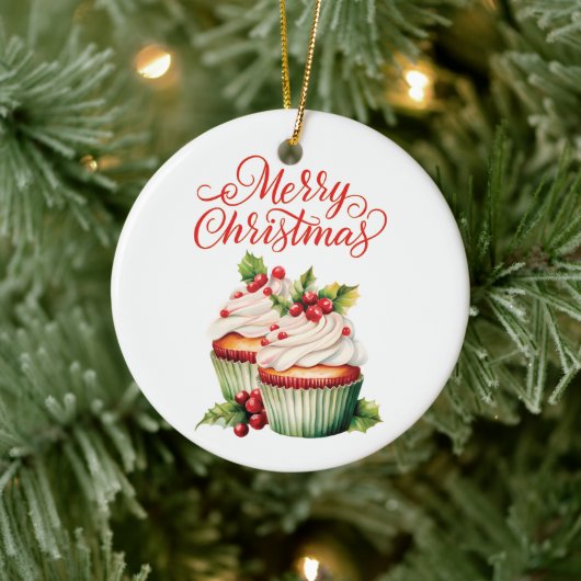 Holly Berry Christmas Cupcake Keramisch Ornament (Boom)
