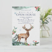Holly Berry Deer Kerstfeestdag Open House Kaart (Staand voorkant)