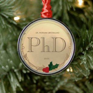 Holly Berry Gold PhD Afstuderen Metalen Ornament