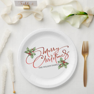 Holly Berry Gradient Red Script Merry Kerstry Papieren Bordje