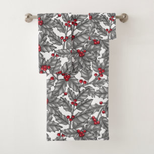 Holly berry, gray leaves on white