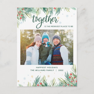 Holly Berry Greenery Together Foto Kerstmis Feestdagenkaart