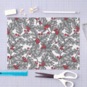 Holly berry, grijze bladeren op wit tissuepapier (Craft)