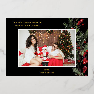 Holly Berry H Photo Holiday of Kerstmis - Black Folie Uitnodiging