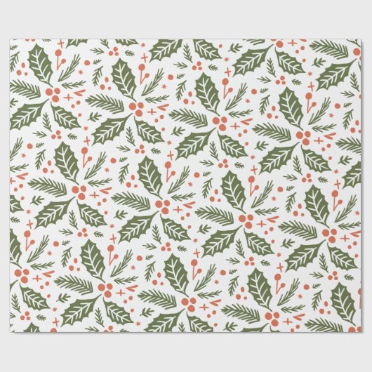 Holly Berry Hand Drawn Illustration Pattern Green Cadeaupapier (Vlak)