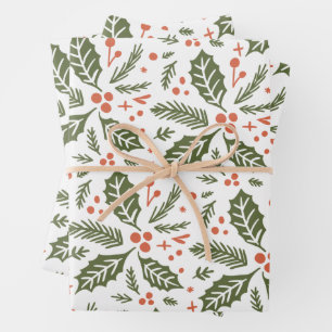 Holly Berry Hand Drawn Multi-color Red en Green Inpakpapier Vel