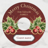 Holly Berry kerst - Gepersonaliseerde Red Damask Wijnglaslabel (Voorkant)