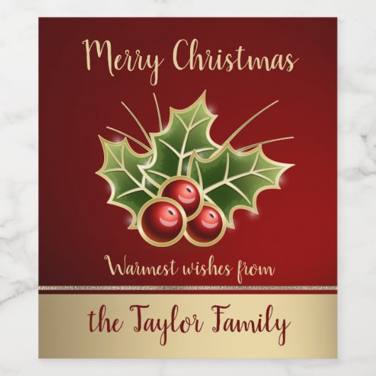 Holly Berry Kerstmis Gepersonaliseerd Rood Wijn Etiket (Enkel label)