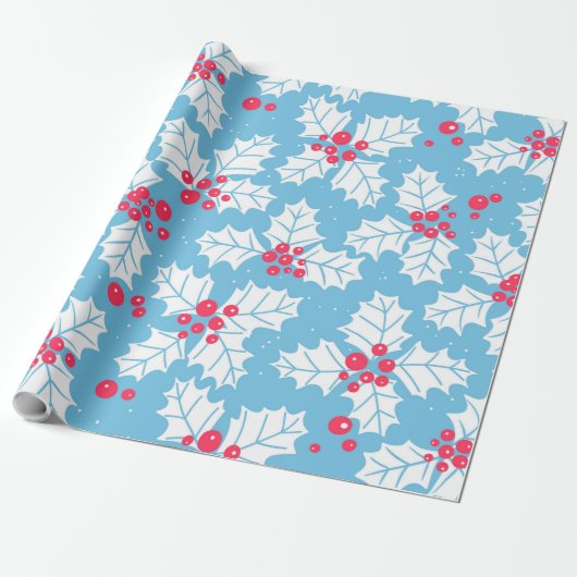 Holly berry op blauw cadeaupapier (Uitgerold)