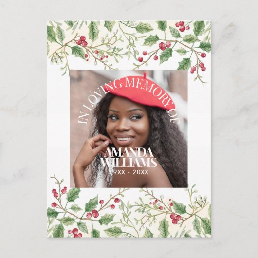 Holly Berry Personalized Photo Memorial Christmas Briefkaart (Voorkant)