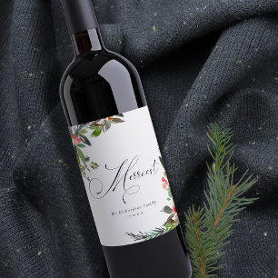 Holly Berry Pine Red Green Merriest Kerstmis Wijn Etiket