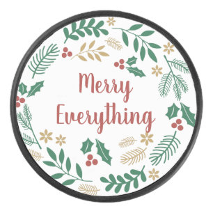 Holly Berry Pine Wreath Merry Alles Holiday Hockey Puck