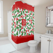 Holly berry scalloped grenst monogram kerst douchegordijn (In situ)
