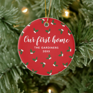 Holly Berry Sprigs personaliseerde ons eerste Home Keramisch Ornament