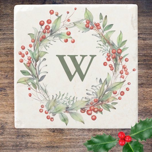 Holly Berry Wreath Monogram Stenen Onderzetter